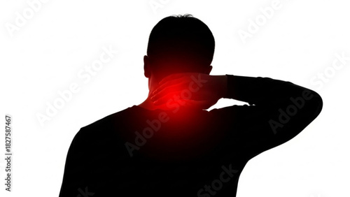 Silhouette of a person holding their neck with a red glow indicating pain or discomfort in that area