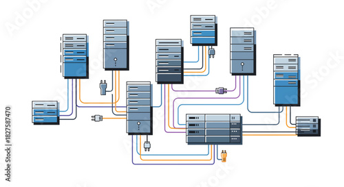 Isometric concept of a data center network infrastructure showing server racks and connections for cloud computing technology