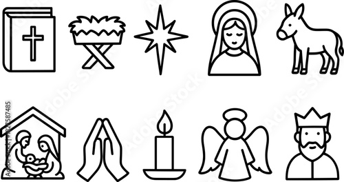 Nativity icons set. Holy family, manger, baby Jesus, Mary, Joseph, Christmas religious outline illustrations