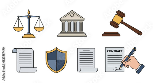 Vector illustration set of law and justice symbols including courthouse, gavel, scales, and contract signing