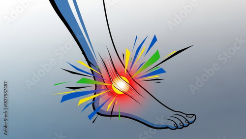 Illustration of an ankle joint with radiating pain indicators and a foot with toes depicted