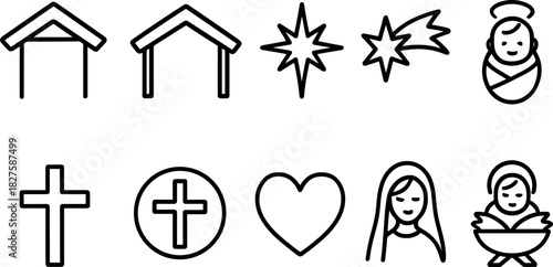 Nativity icons set. Holy family, manger, baby Jesus, Mary, Joseph, Christmas religious outline illustrations