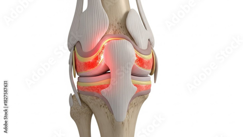 Illustration of a human knee joint showing bones, ligaments, and cartilage with a white background