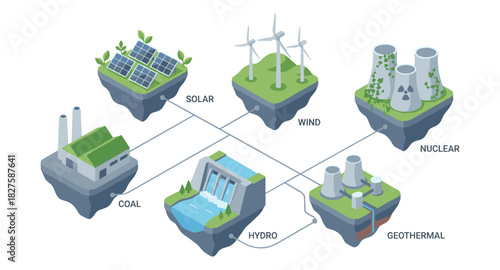 Isometric illustration displays energy generation sources with connections.