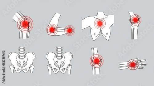 Illustration showing body parts with pain indicators at joints and skeletal structures, eight images total