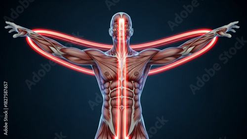 Anatomical depiction of human body with muscles and glowing red lines highlighting energy pathways shown