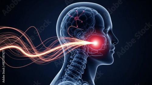 Human head with visible brain and nerve connections highlighted with glowing lines and red spot on face