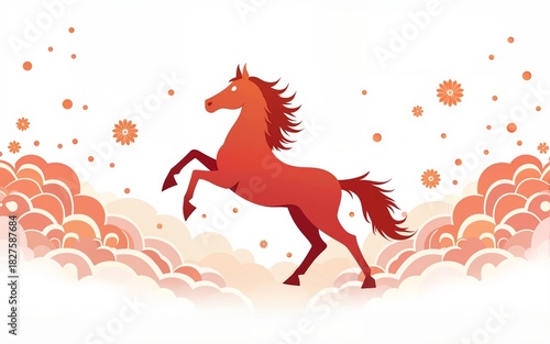 Chinese banner, Happy New Year 2026 poster. Horse silhouette icon, flowers, asian clouds on white background. Vector illustration. Astrology China lunar calendar animal symbol. Place for text