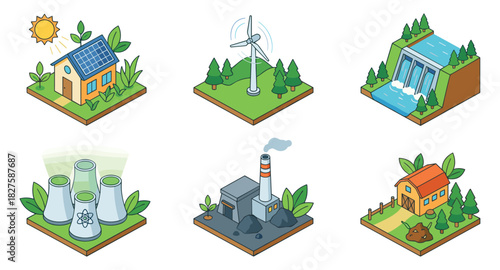 Isometric Energy Generation Methods: Renewable and Traditional Sources Array