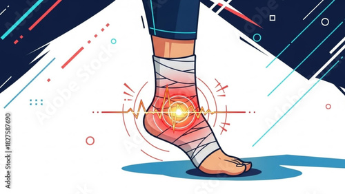 Illustration of an injured ankle wrapped in a bandage with pain indicators and abstract background elements
