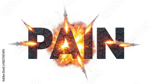 Word pain with cracked texture and explosion effect on white background visual representation