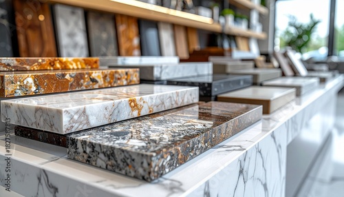 Collection of natural stone samples including granite, marble, and quartz for kitchen counters showcased on a white marble base inside a stone countertop store