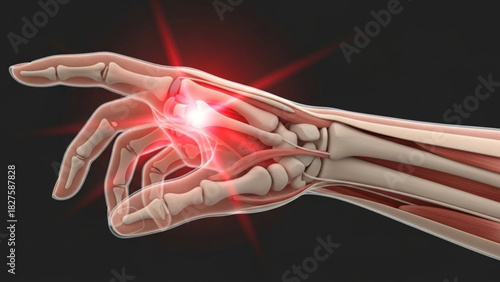 Illustration showing bones and muscles of human hand with red light indicating pain and inflammation