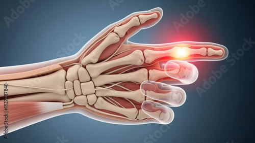 Illustration of human hand anatomy showing bones muscles and nerves with a highlighted area of pain on finger