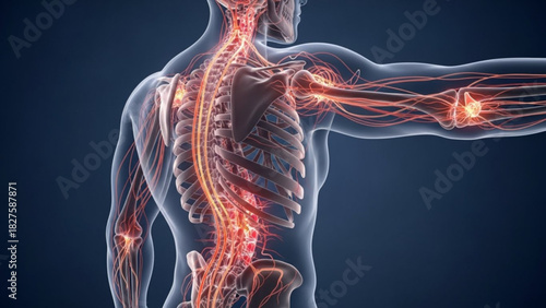 Anatomical illustration of human body showing nervous system and skeletal structure in detail view