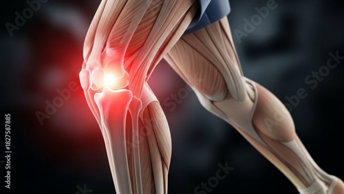 Anatomical illustration of human leg muscles and bones with knee joint highlighted in red