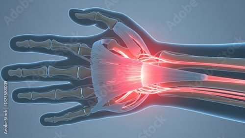 Anatomical illustration of a hand showing bones tendons and ligaments with a red glow indicating pain