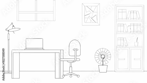 A minimalist, continuous line art drawing depicting a modern home office or workspace. The illustration shows a desk with a laptop and a desk lamp, an office chair with wheels, a bookshelf filled with