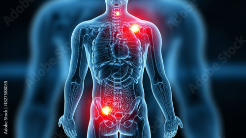 Human body with visible skeleton and highlighted pain points in red color on dark background image