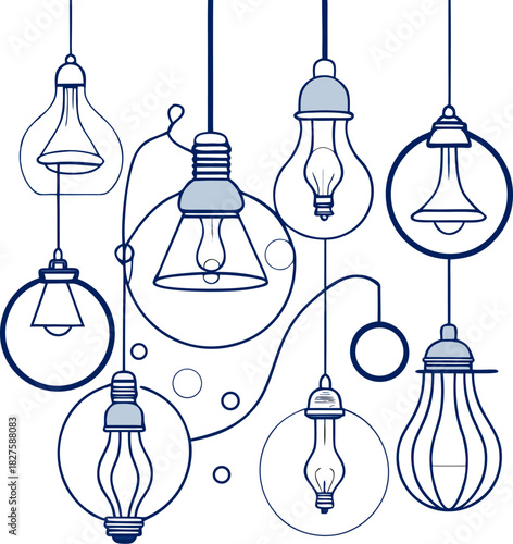 Continuous line lamps and bulbs. One line drawing of light lampshades. Single line drawing of light bulb vector illustration.