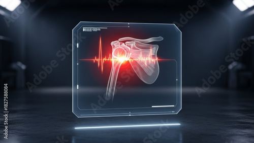 Shoulder joint scan with pain indication displayed on a futuristic transparent screen in dark environment