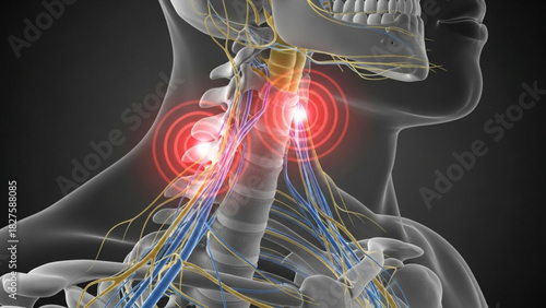 Anatomical rendering of the neck with spine nerves and blood vessels highlighting pain points on the neck area