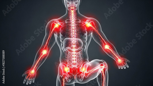 Human body with highlighted joints and internal organs in a translucent representation on a dark background