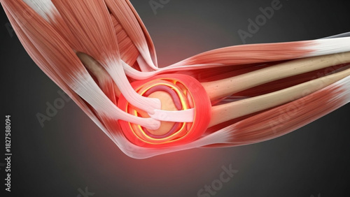 Illustration of an elbow joint showing bones muscles and ligaments with a red glow indicating pain