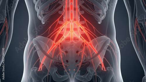 Anatomical view of the human torso showing the skeletal structure and vascular system in red color 3d