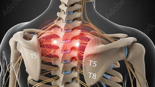 Anatomical view of the upper back and shoulder region highlighting pain points and spinal vertebrae