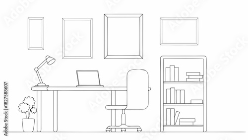 A minimalist, continuous line art drawing depicting a modern home office or workspace. The illustration shows a desk with a laptop and a desk lamp, an office chair with wheels, a bookshelf filled with