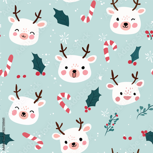 Cute Christmas seamless pattern with reindeers and candy canes
