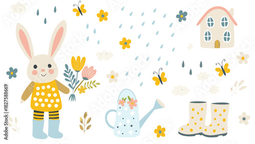 Charming flat design illustration of a happy cartoon bunny rabbit perfect for children s themes and spring celebrations rendered in vibrant colors