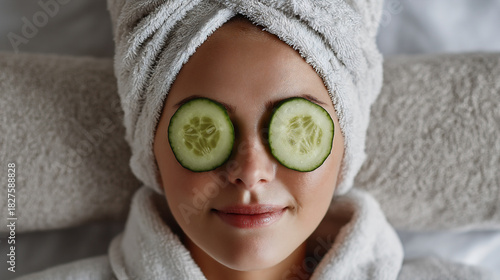 Woman Relaxing at Spa with Towel Wrapped Hair and Cucumber Eye Treatment