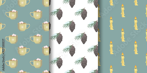 Set of three winter-themed patterns yellow mugs with pink marshmallows on teal, pinecones with snow on white, and lit yellow candles with orange flames on teal. Cozy seasonal design for wrapping or te