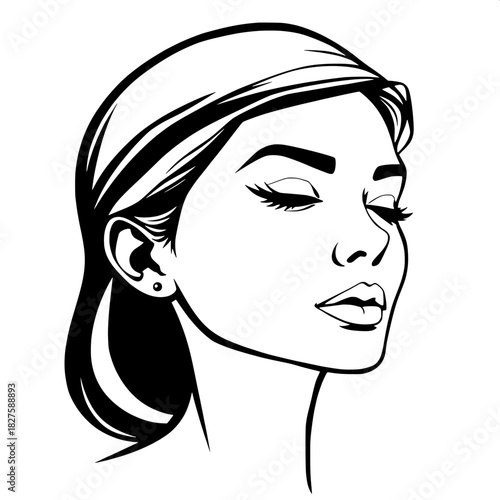 A bold contour drawing of a woman in a three-quarter pose, her facial features carved from heavy black shapes that define the curves of her face, and bright highlights that accentuate the contours of 