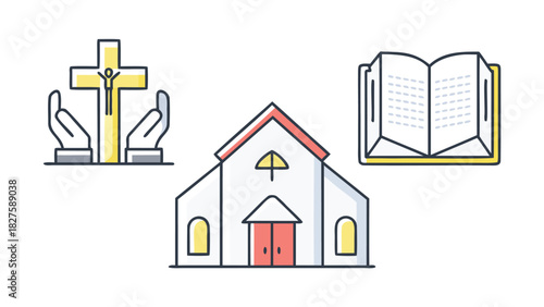 Modern geometric church building illustration with clean lines and a minimalist architectural design suitable for religious or community themes