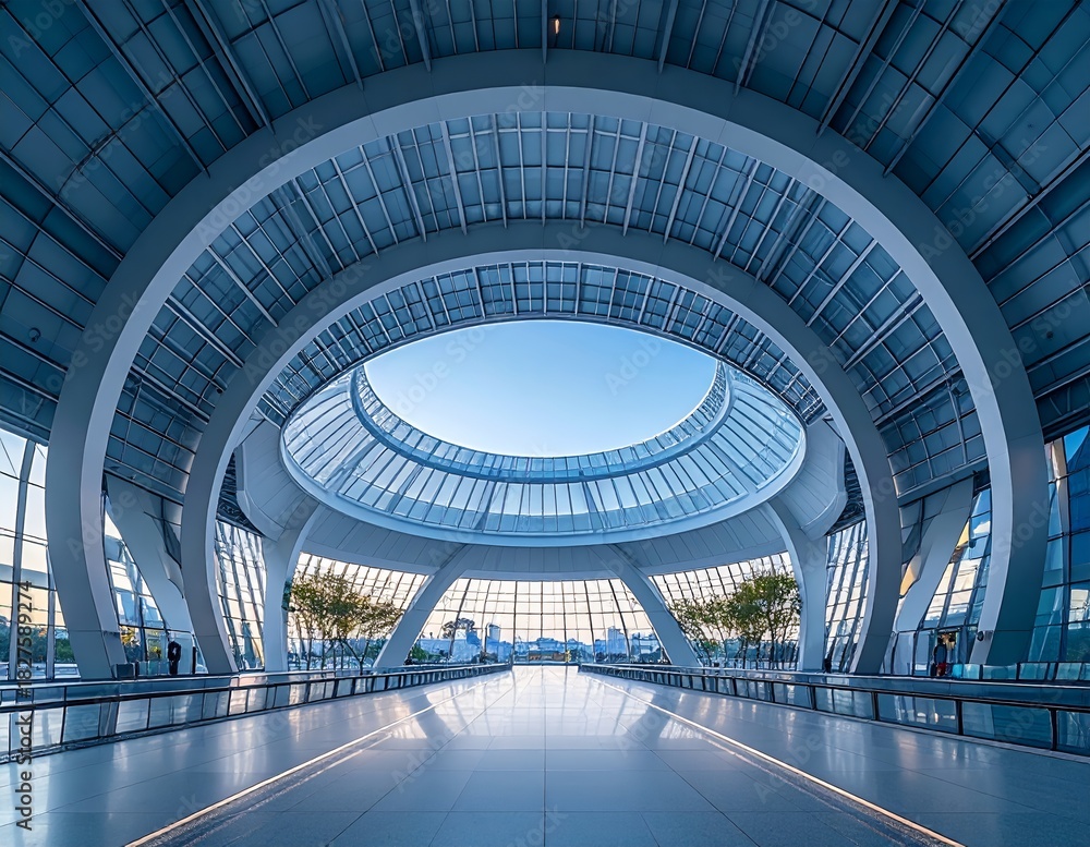 Fototapeta premium Modern airport terminal interior with futuristic architecture and natural light.