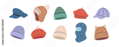 Set of cozy winter hats and warm headwear for cold season designs. Trendy knitted beanies, balaclava, caps and cute accessories for winter branding, packaging, stickers and apparel prints.
