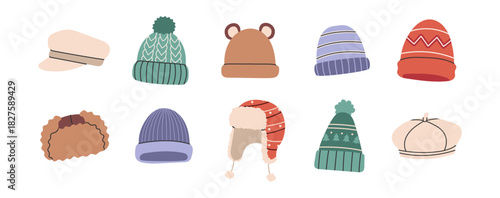 Trendy winter beanies and warm knitted hats set for modern seasonal branding, packaging and apparel designs