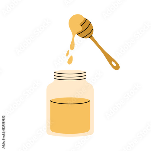Glass honey jar with wooden dipper and dripping honey, perfect for warm tea and kitchen decor