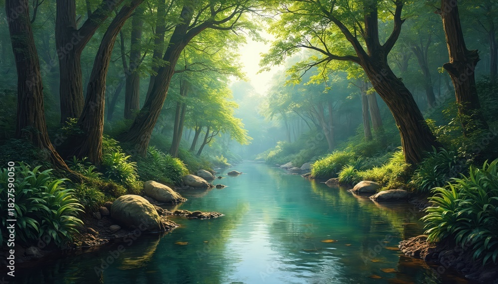 Obraz premium Calm river flows through rich green forest. Tall trees with dense foliage line banks. Sunlight filters through leaves, illuminating water and rocks. Nature appears peaceful and undisturbed.