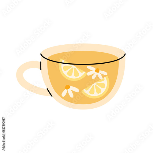 Transparent tea cup with lemon slices, chamomile flowers and warm herbal drink