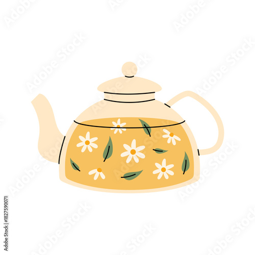 Transparent teapot filled with warm chamomile tea and flowers, perfect for cozy kitchen moments