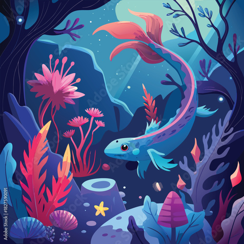 Cartoon illustration of fish and marine animals in the water with a tropical seamless pattern