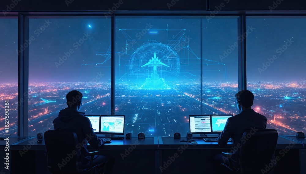 Obraz premium Two air traffic controllers manage flights from command center overlooking glowing city at night. Dispatchers use computers to monitor holographic airplane on virtual runway. Advanced aerospace