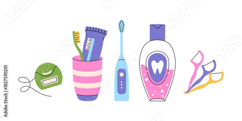 Dental care kit with toothbrush, toothpaste tube, electric brush, mouthwash, floss and dental pick for clean tooth and fresh oral hygiene