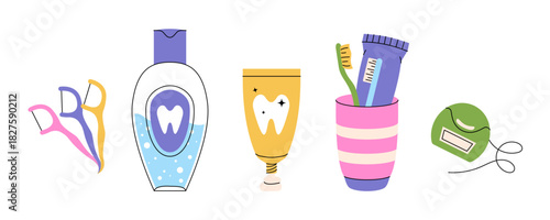 Dental care set with floss pick, mouthwash, toothpaste tube, toothbrush cup and floss container for clean tooth and fresh oral hygiene