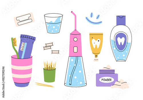 Dental care set with toothbrush, toothpaste, mouthwash, floss pick, water flosser, dental floss, toothpick, whitening strip, powder and smile paste for clean tooth and fresh oral hygiene