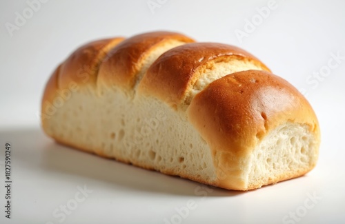 Golden brown loaf of fresh bread with soft white crumb sits on clean white surface. Delicious baked goods, simple food photography for recipes and articles.